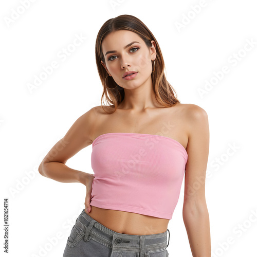 Model Showcasing Stylish Pink Strapless Top With Casual Gray Jeans in a Brigh...