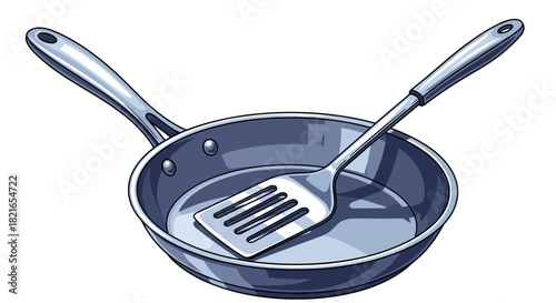 Shiny Silver Frying Pan with Spatula for Cooking in Kitchen: Modern Utensil, Preparation, and Culinary Arts Illustration for Food, Cooking, Restaurant, Marketing, Website, Advertising, Menu, Presentat