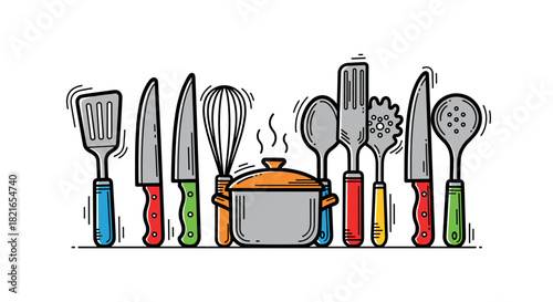 Kitchen Utensils and Cookware Illustration Displayed: Cooking Appliances for Culinary Arts in a Home Kitchen, Representing Domestic Life, Food Preparation, and Gourmet Meal Creation with Modern Cartoo