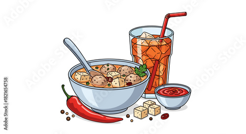 Delicious Asian Cuisine Still Life: Hot Soup with Tofu & Meatballs Served with Iced Tea, Chili, and Sauce, Perfect for Food Blogs, Restaurant Menus & Cultural Presentations, Showcasing Traditional Cul