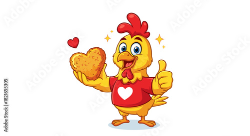 Happy Yellow Chicken Mascot Holding Heart-Shaped Nugget Giving a Thumbs Up on White Background, Perfect for Fast Food Marketing, Restaurant Promotion, and Children's Menu Designs Featuring Cartoon Pou