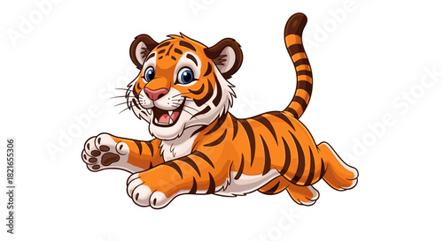 Playful Cartoon Tiger Cub Leaping Forward with Joyful Energy on White Background: Illustration for Children's Education, Wildlife Conservation, Animated Presentation, Marketing, Creative Project with