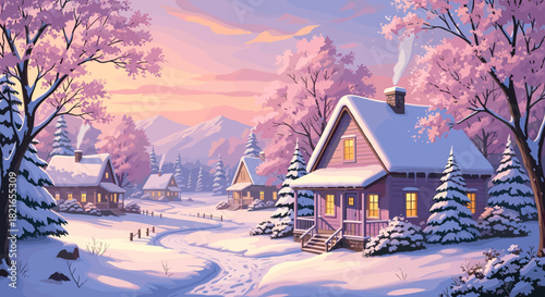 Enchanting Winter Cottages in Snowy Landscape at Dusk: A Picturesque Village Scene with Snow-Covered Homes, Cherry Blossom Trees, and Mountains, Perfect for Holiday Greetings, Real Estate Marketing, o
