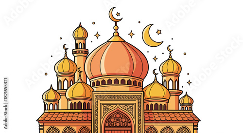 Intricate Mosque Illustration Celebrating Ramadan: Beautiful Golden Islamic Architecture in a Festive Setting Depicting Faith, Religion, and Cultural Heritage for Holiday Observances and Spiritual Ref