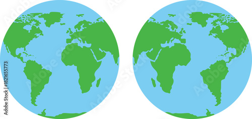 Two flat cartoon globes showing continents and oceans earth world planet