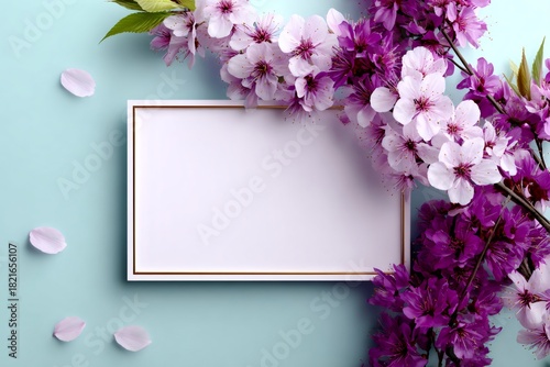 White blank frame with spring flowers blooming