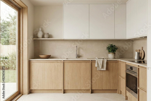 Quadro su tela Bright and elegant modern kitchen interior featuring natural wood cabinets, clean white upper units, and a light stone backsplash
