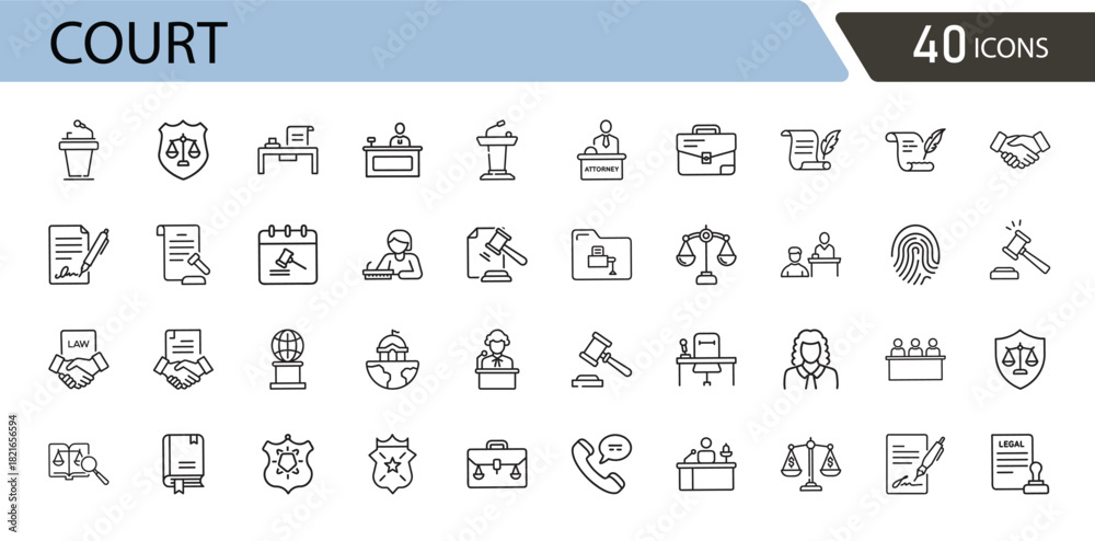 Αυτοκόλλητο Court related icons set including justice, law, judge, gavel, legal document, courtroom, scales, and decision-making