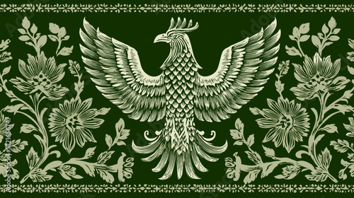 Ornate Green Seamless Border Pattern with Vintage Eagle or Phoenix Bird and Baroque Floral Foliage Design
