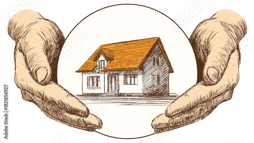 Caring hands protecting a cozy house in a detailed sketch. Ideal for real estate, home insurance, property safety, and housing concepts.