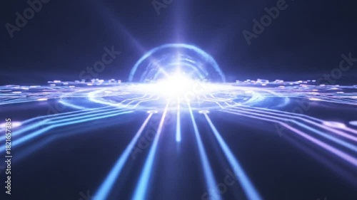 Abstract Dark Technology Background with Glowing Blue and Purple Circuit Board Lines Under Spotlight Showing Futuristic Data Streams, Deep Depth of Field