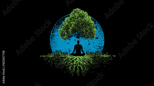 Serene silhouette meditating under a lush green tree with roots, symbolizing spiritual growth, nature connection, and mindfulness.