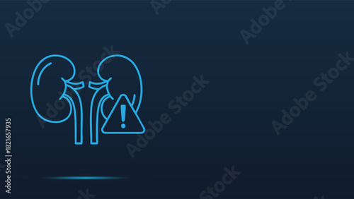 Glowing Blue Line Art Vector Illustration of the Paired Human Kidneys and Renal System Structure Accompanied by a Vital Health Alert Indicator Symbol Promoting Proactive Medical Checkups and