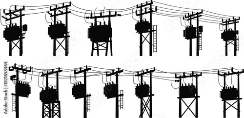 Silhouette vector illustration of utility poles with electrical transformers and wiring—technical infrastructure for power distribution, engineering, planning, education, and reference
