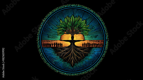 Stylized Tree of Life with People Silhouettes and Roots in a Circular Emblem, Symbolizing Community, Nature, and Interconnectedness