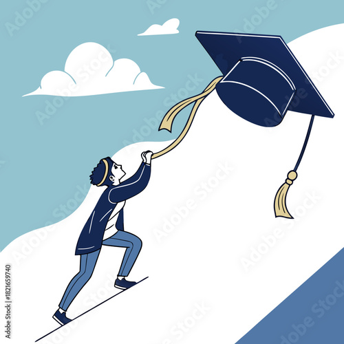 Determined student climbing a steep slope towards a graduation cap symbolizing academic achievement and future success