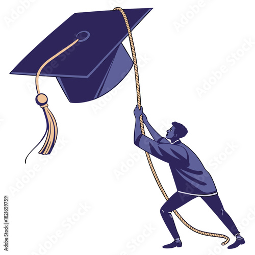 Young man determinedly pulling a rope attached to a graduation cap symbolizing striving for academic achievement and success