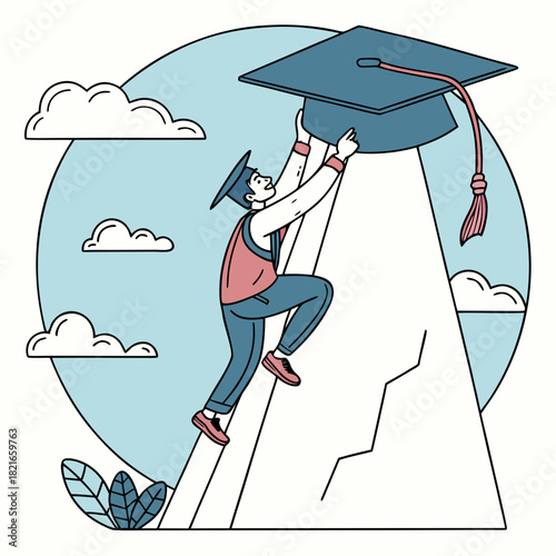 Student climbing a steep mountain peak to reach graduation cap symbolizing academic achievement and success