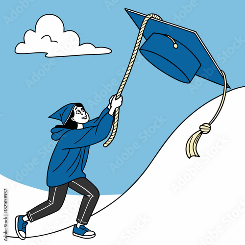 Young student triumphantly pulls graduation cap towards the sky on a snowy hill with a cloud above