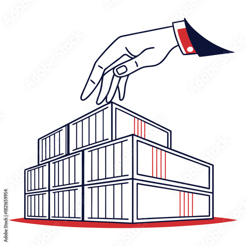Business hand carefully placing the final shipping container on a stacked tower symbolizing success and logistics