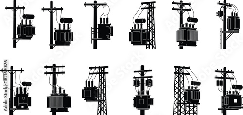 Silhouette vector illustration of electrical transformers mounted on utility poles and towers—technical infrastructure for power distribution, engineering, planning, and reference