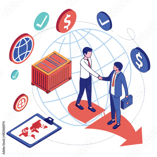 Two businessmen shaking hands over a globe representing international trade and logistics with shipping container and currency symbols