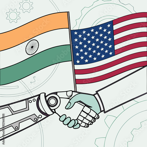 India and united states flags wave as a human hand shakes a robot hand symbolizing technological partnership