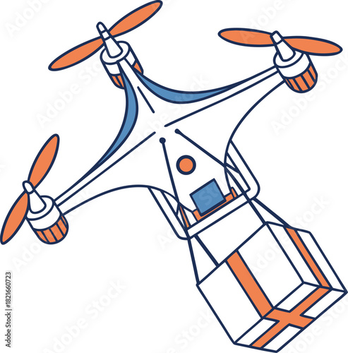 Cartoon illustration of a white drone carrying a package isolated on transparent background