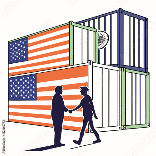 Two businessmen shake hands in front of shipping containers decorated with the american flag symbolizing trade and commerce