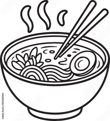 Ramen Bowl Line Art, Coloring Book Page Line Art Drawing, Vector and Illustration