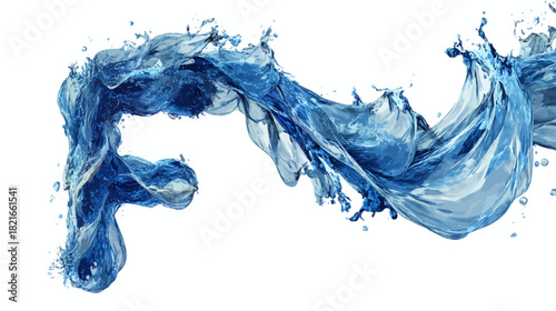 Dynamic blue water splash wave with droplets, abstract flowing liquid in motion, refreshing fluid on white background.