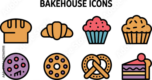 Collection of stylized flat icons representing various baked goods and pastries including bread croissant cupcakes cookies pretzel and cake slice