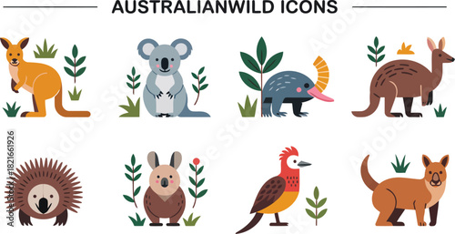 Collection of stylized flat icons representing iconic australian animals including kangaroo koala platypus emu wombat echidna cockatoo and dingo