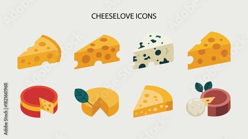 Set of eight flat design cheese icons including cheddar swiss blue mozzarella parmesan brie and goat cheese