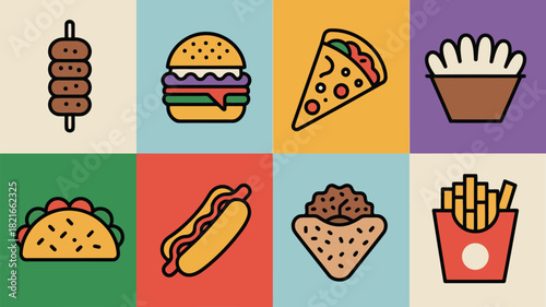 A vibrant and colorful collection of popular fast food icons arranged in a grid pattern on a pastel background