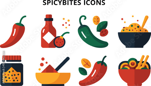 Collection of flat design icons representing spicy food ingredients and dishes including chili peppers sauces and bowls of food