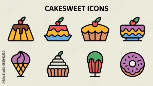 Collection of eight colorful flat design icons representing various sweet desserts including jelly pudding pie tart flan mousse clair and doughnut