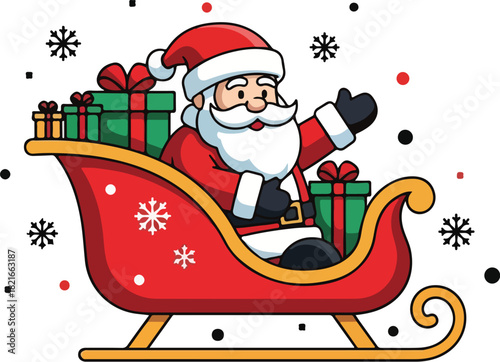 Santa's Sleigh Ride: A cheerful Santa Claus, surrounded by wrapped gifts, waves merrily from his vibrant red sleigh, ready to spread festive cheer and deliver presents.