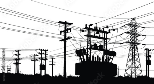 Silhouette vector illustration of electrical power grid with transmission towers, utility poles, transformers and high voltage lines.