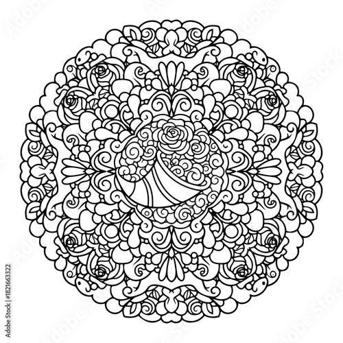 Intricate Cornucopia in Floral Style, Ornament with Fruits and Leaves, Symbol of Prosperity