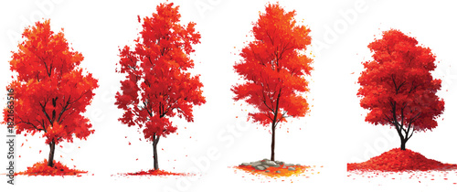 Four stylized autumn trees with red and orange foliage and scattered leaves for seasonal, nature, artistic, and design themes.