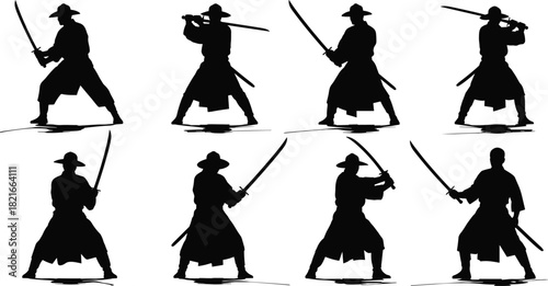 Silhouette samurai warriors practicing traditional katana sword techniques in dynamic combat stances for martial arts illustration and Japanese culture vector design.