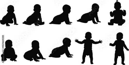 Set of ten black vector silhouettes of cute babies in various poses including sitting, crawling, and standing, representing child development, infancy, innocence, and joyful early childhood 