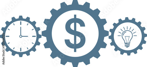 Three interlocking gears with clock dollar and lightbulb icons cogwheel time