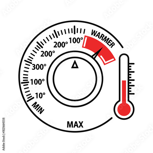 Temperature control dial icon showing warmer setting with thermometer