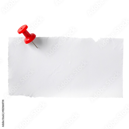 Red Push Pin Holding Down Torn Paper on a White Background for Notes or Remin...