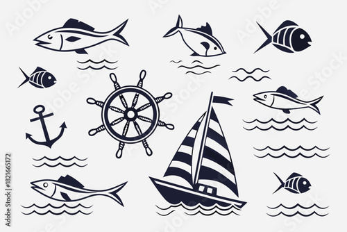 Nautical Icons With Sailboat Fish Anchor And Ship Wheel On Waves vector illustration