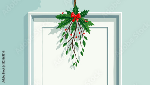 A festive mistletoe decoration hanging above white doorway