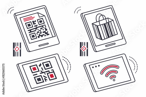 Four Smartphones Displaying QR Codes Shopping Bag and Wi Fi Symbols mobile phone