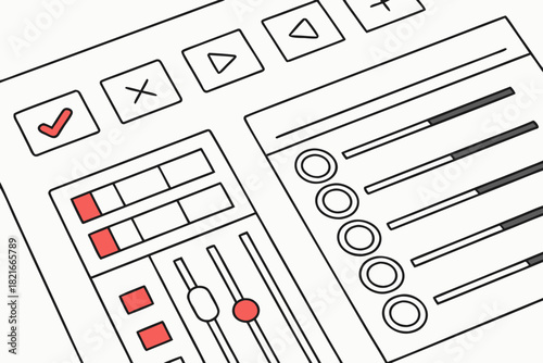 Close-up of a digital audio mixer interface with sliders and buttons Keywords: audio, mixer, interface
